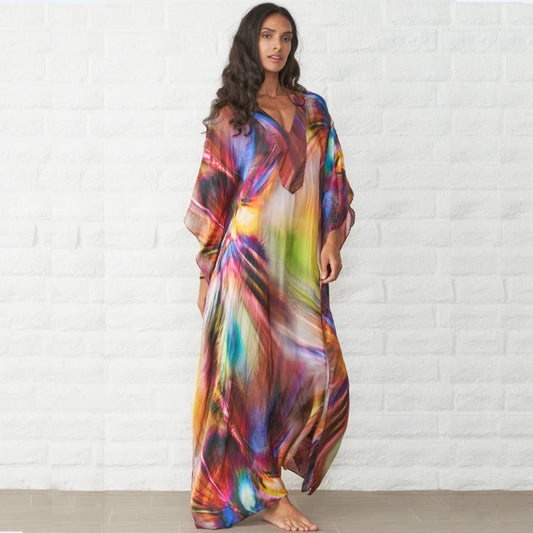 Ladies Maxi Beach Dress with Flowing Color Gradient and Loose Fit Ivyshape