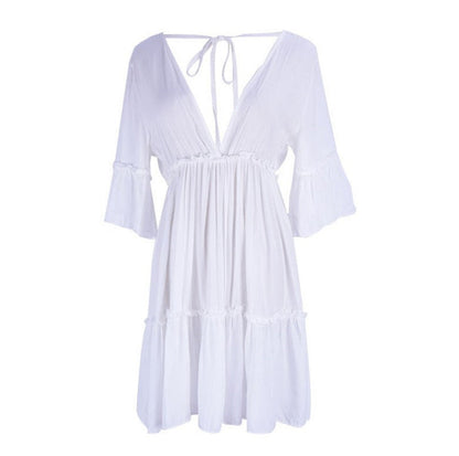 Ladies Summer Beach Dress with V-Neck and Ruffle Details Ivyshape