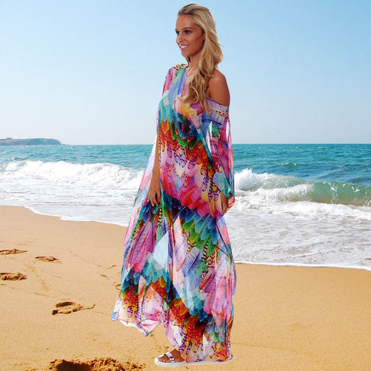 Ladies Figure-hugging Beach Dress with Colorful Feather Design Ivyshape