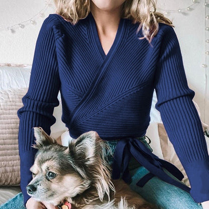 Women wrap sweater with textured design and adjustable waist belt Ivyshape