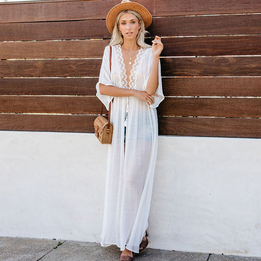 Women's Airy Beach Kimono with Artistic Lace Decoration Ivyshape