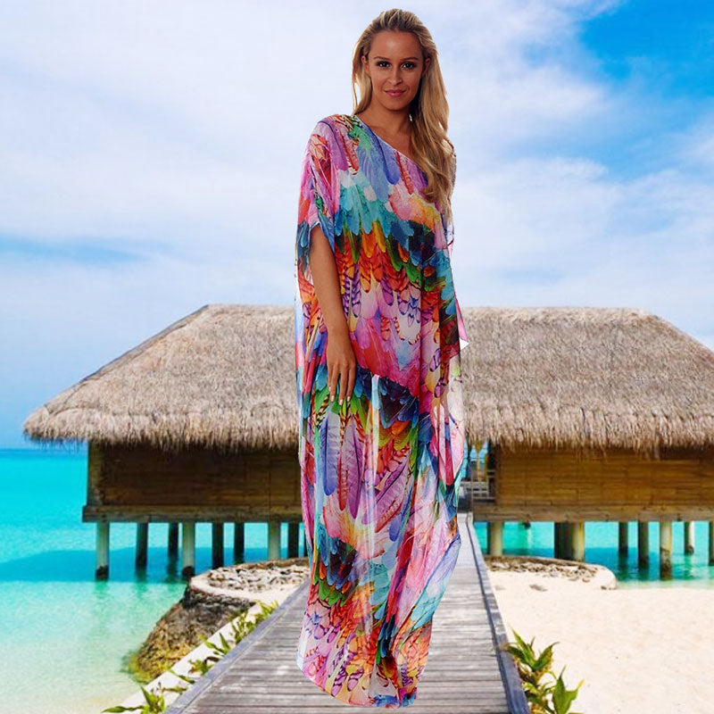 Ladies Figure-hugging Beach Dress with Colorful Feather Design Ivyshape
