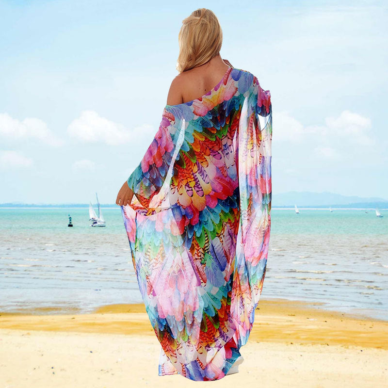 Ladies Figure-hugging Beach Dress with Colorful Feather Design Ivyshape