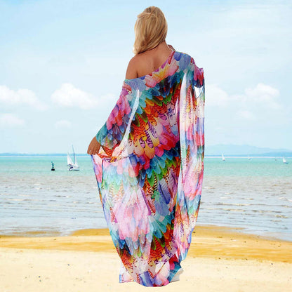 Ladies Figure-hugging Beach Dress with Colorful Feather Design Ivyshape