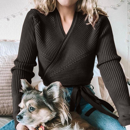 Women wrap sweater with textured design and adjustable waist belt Ivyshape