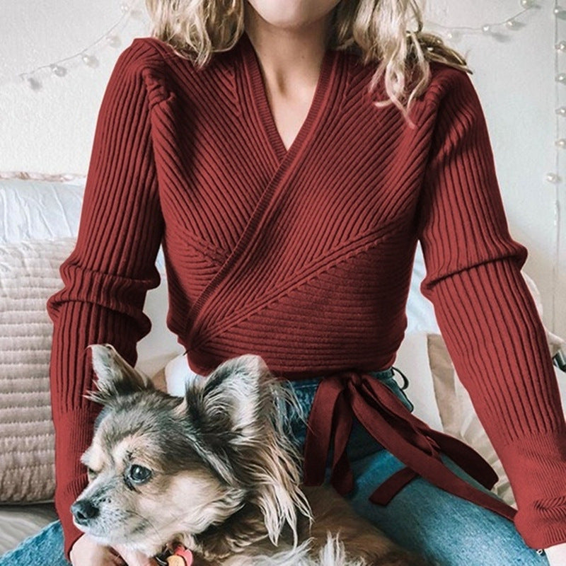 Women wrap sweater with textured design and adjustable waist belt Ivyshape