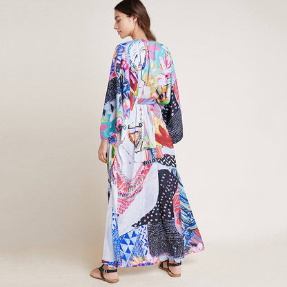 Women's long beach kimono with colorful patterns Ivyshape