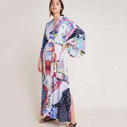 Women's long beach kimono with colorful patterns Ivyshape