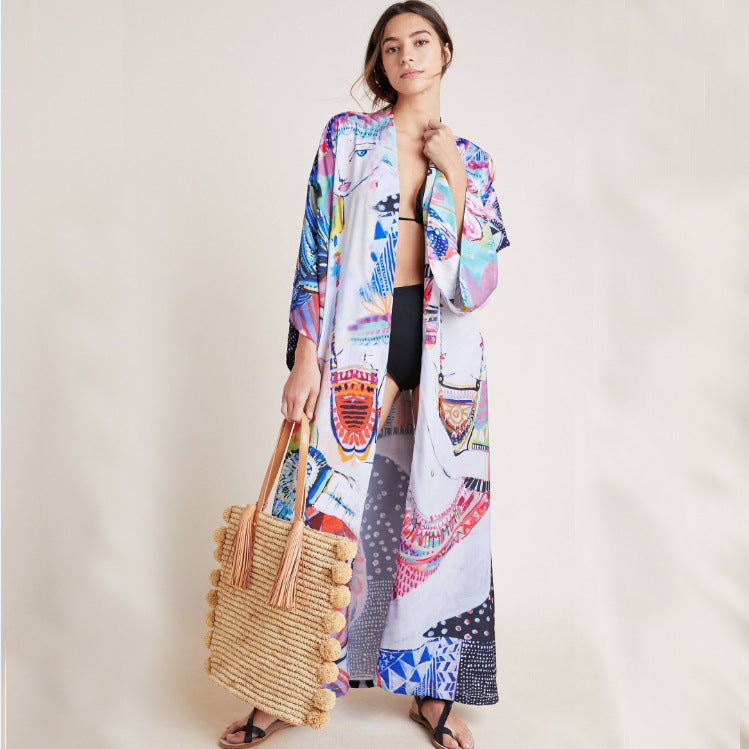 Women's long beach kimono with colorful patterns Ivyshape