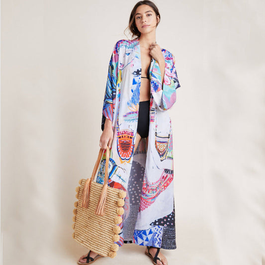 Women's long beach kimono with colorful patterns Ivyshape