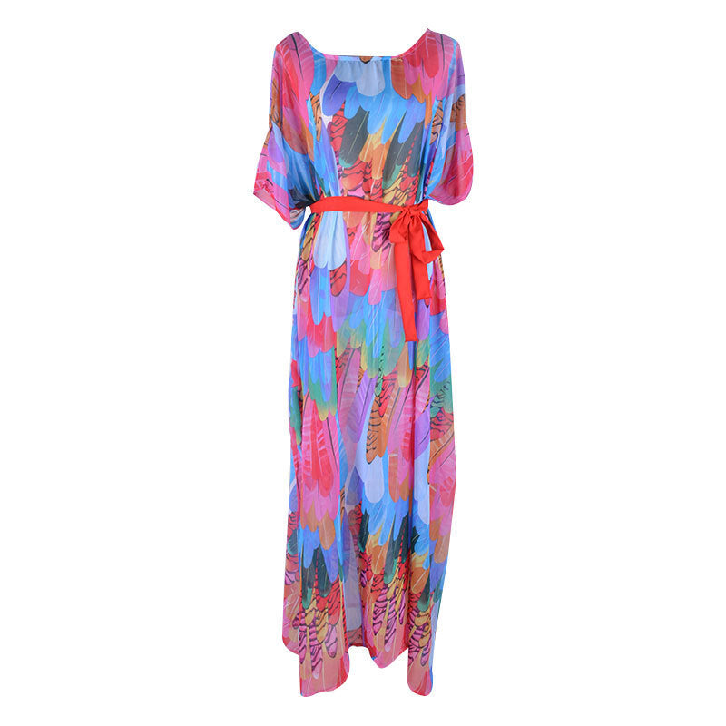 Ladies Figure-hugging Beach Dress with Colorful Feather Design Ivyshape
