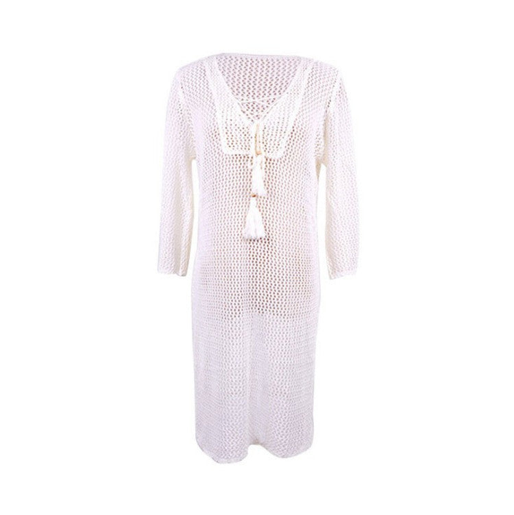 Ladies elegant beach poncho with sophisticated net design and fringed accents Ivyshape