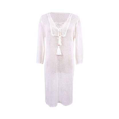 Ladies elegant beach poncho with sophisticated net design and fringed accents Ivyshape