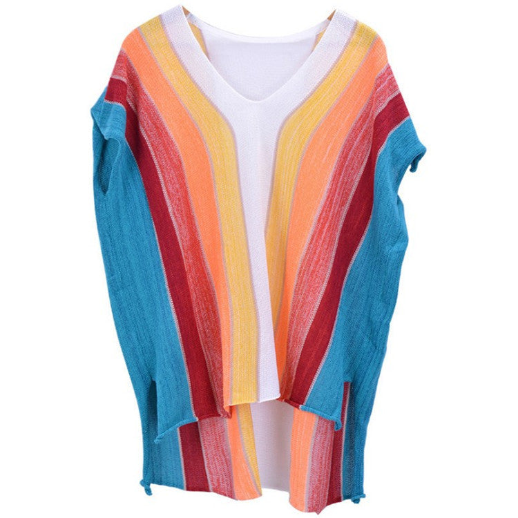 Women's casual beach cover-up with modern stripe pattern and deep V-neck Ivyshape