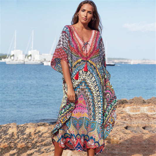 Women's beach tunic with colorful mandala pattern and airy sleeves Ivyshape