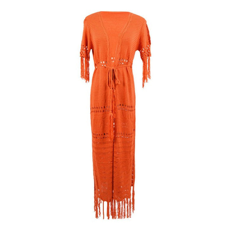 Ladies airy crochet beach robe with fringed accents Ivyshape