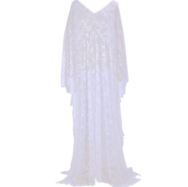 Ladies Elegant Lace Beach Robe with Wide Cut Sleeves and Deep V-Neck Ivyshape