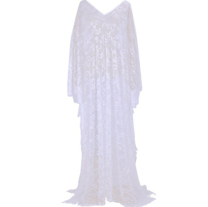 Ladies Elegant Lace Beach Robe with Wide Cut Sleeves and Deep V-Neck Ivyshape