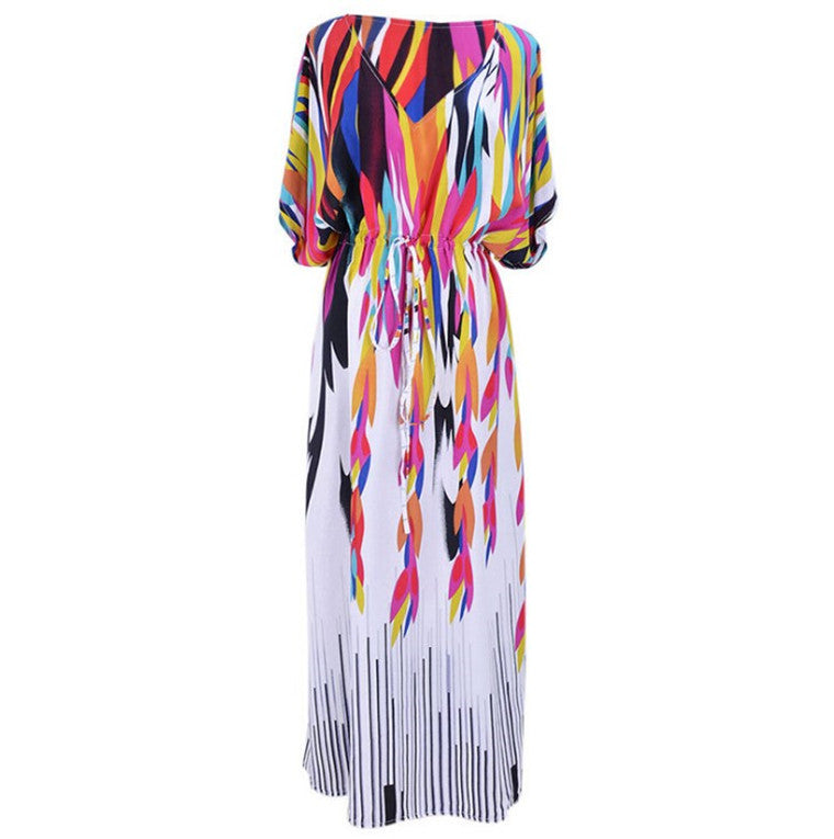 Women’s Maxi Kaftan with trendy watercolor pattern and elegant lacing Ivyshape