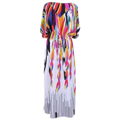 Women’s Maxi Kaftan with trendy watercolor pattern and elegant lacing Ivyshape
