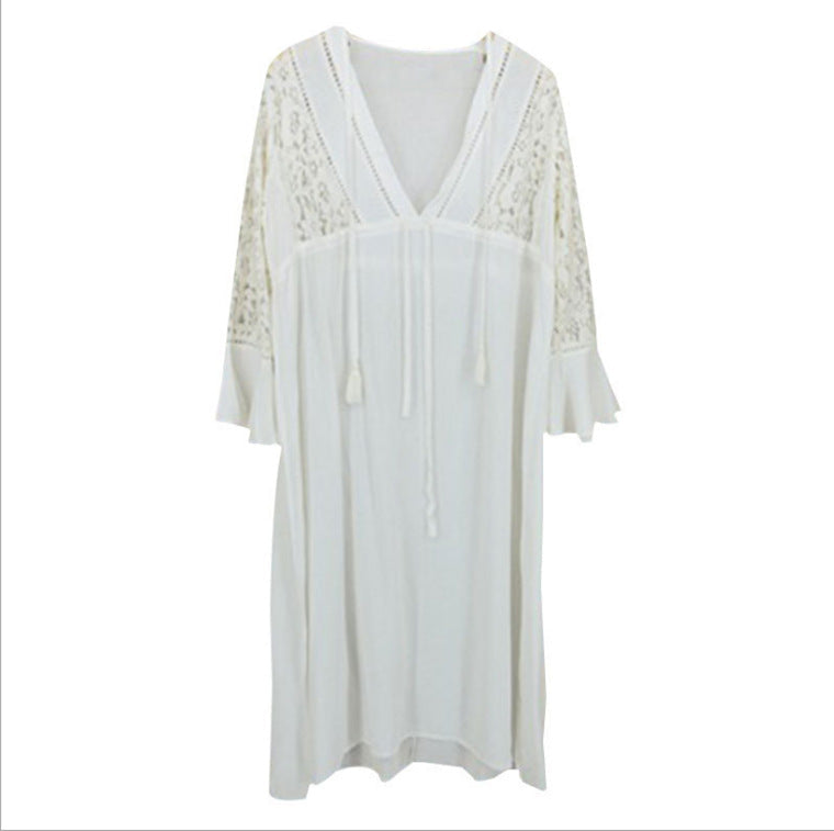 Women's beach robe with elegant crochet embellishment and wide flared sleeves Ivyshape
