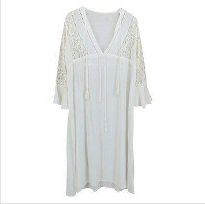 Women's beach robe with elegant crochet embellishment and wide flared sleeves Ivyshape
