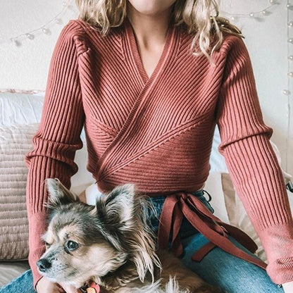 Women wrap sweater with textured design and adjustable waist belt Ivyshape