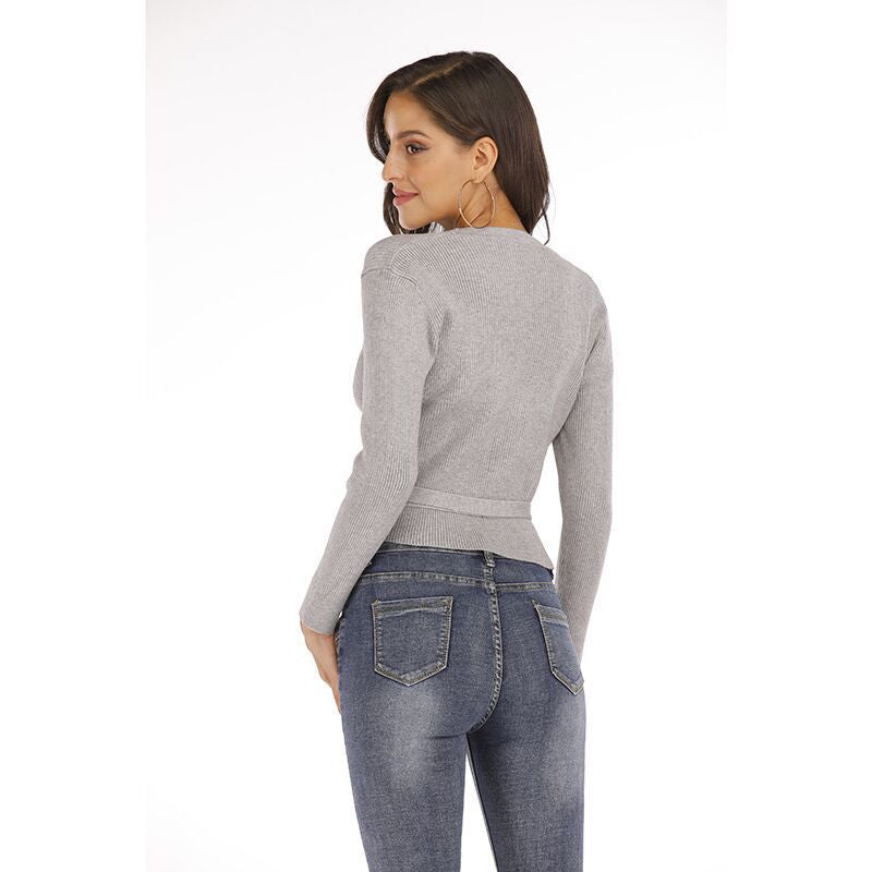 Women wrap sweater with textured design and adjustable waist belt Ivyshape