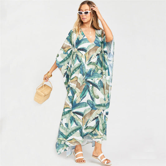 Ladies beach kaftan with floral leaf pattern and elegant cut Ivyshape