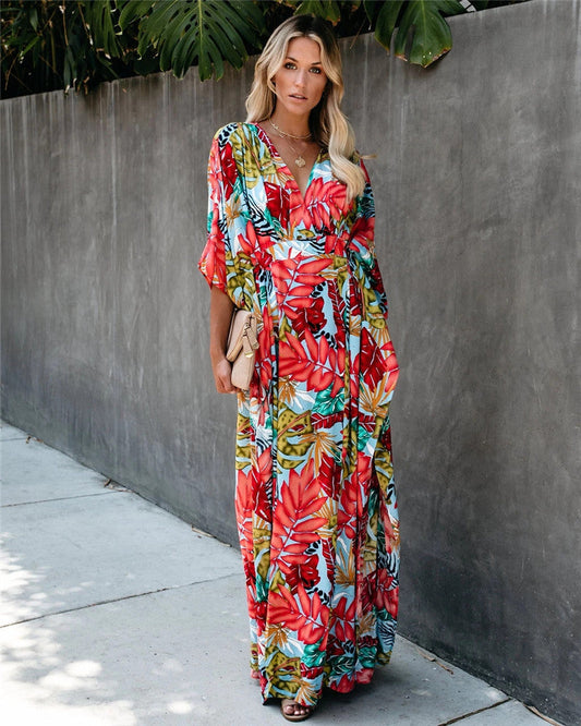 Women's maxi dress with deep V-neck and elegant wing sleeves Ivyshape
