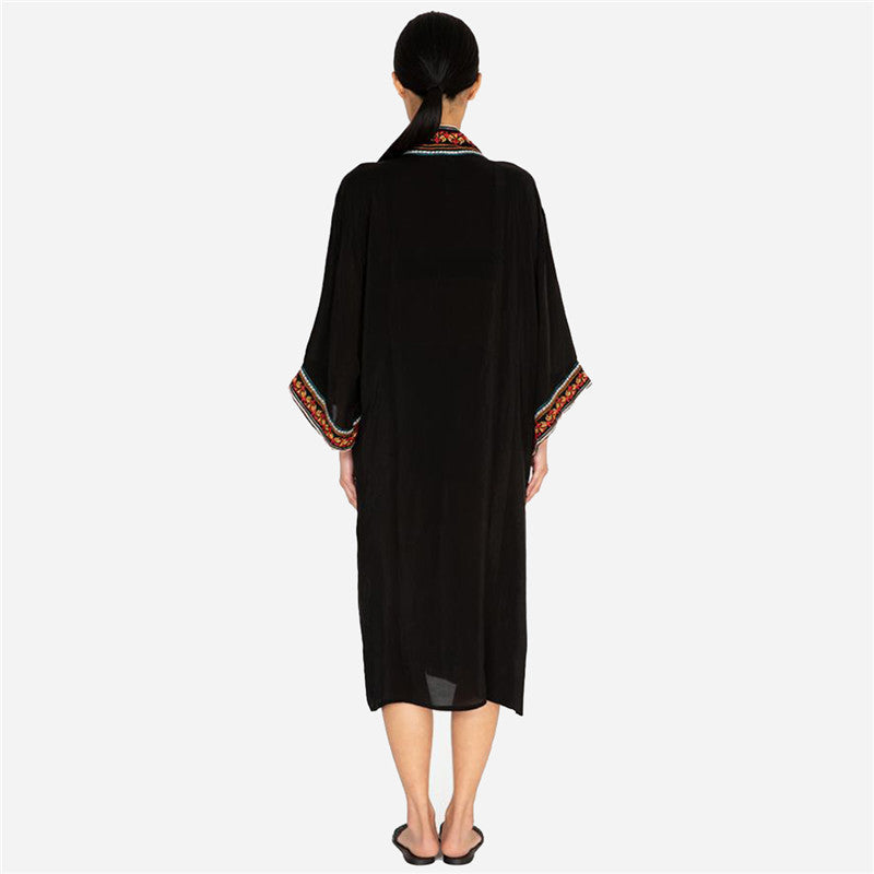 Ladies elegant beach kimono with colorful embroideries and loose silhouette Ivyshape