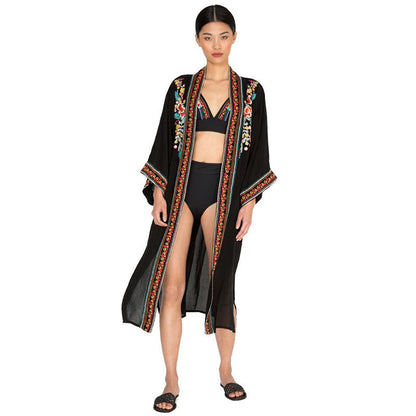Ladies elegant beach kimono with colorful embroideries and loose silhouette Ivyshape