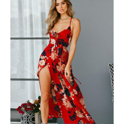Ladies maxi dress with deep neckline and side slit Ivyshape