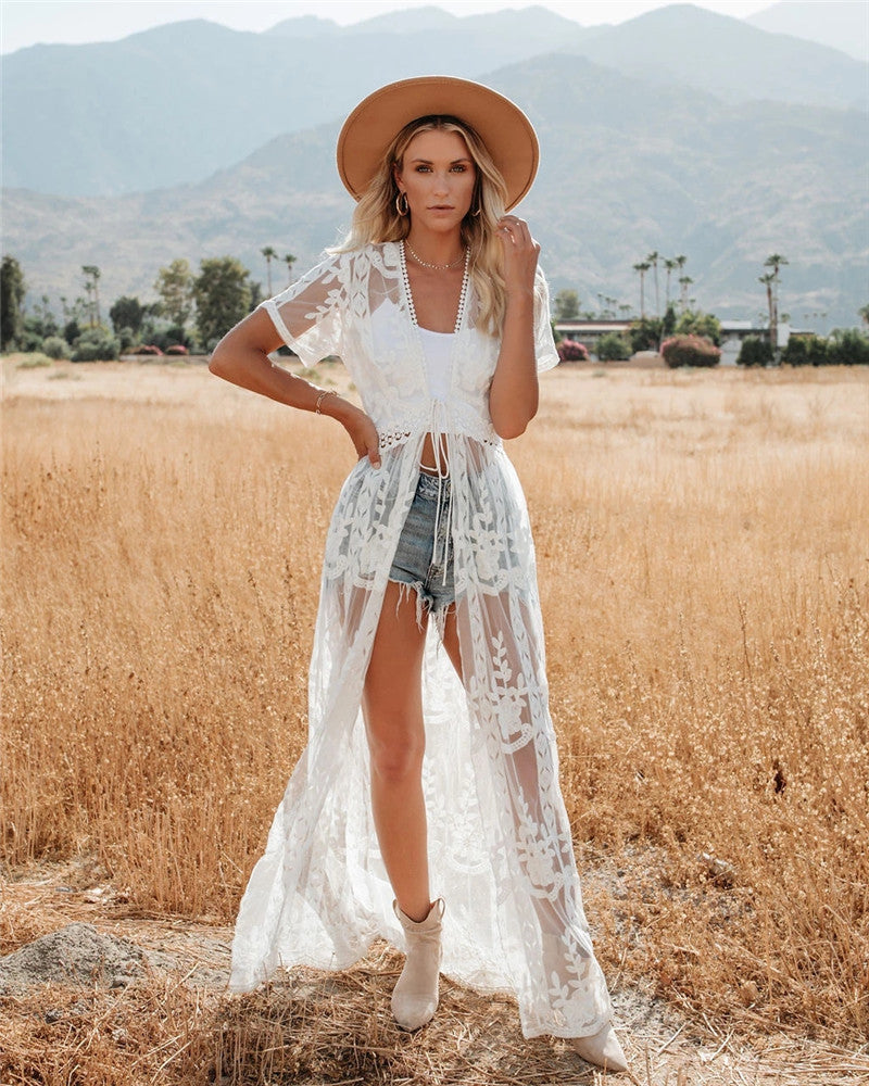 Women's airy crochet beach cover-up with floral details Ivyshape