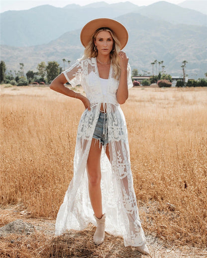 Women's airy crochet beach cover-up with floral details Ivyshape