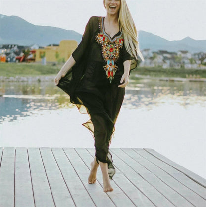 Women's Beach Tunic Throw with Colorful Embroidery Pattern Ivyshape
