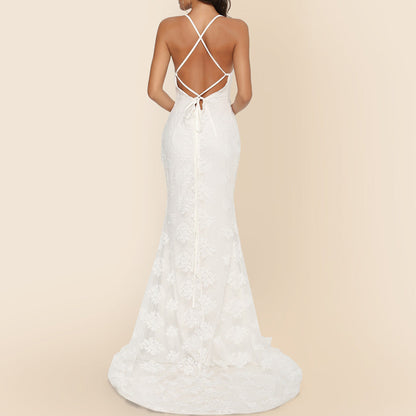 Ladies Lace Neckline Mermaid Evening Dress Ivyshape
