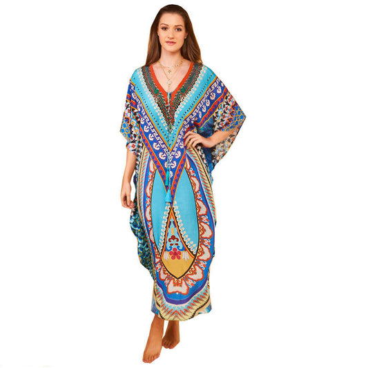 Women's beach caftan with colorful, artistic print and wide sleeves Ivyshape