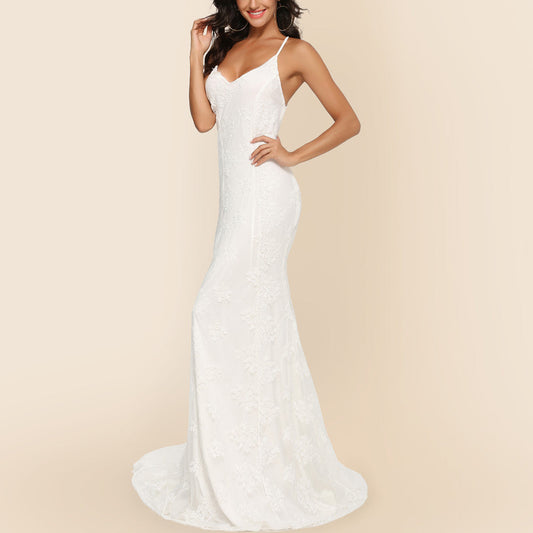 Ladies Lace Neckline Mermaid Evening Dress Ivyshape
