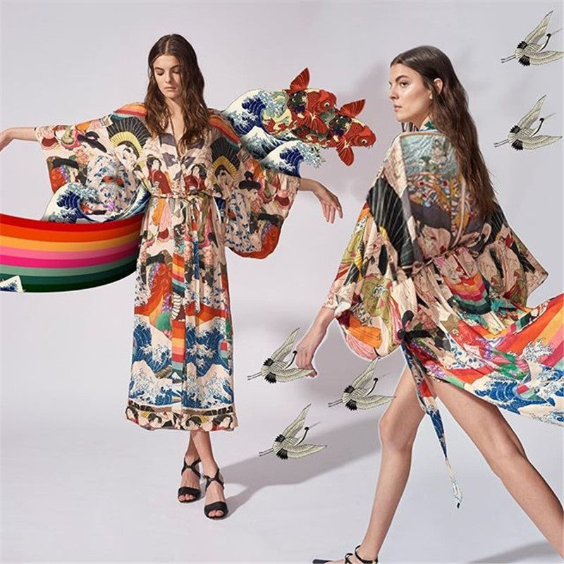 Women's Kimono-Style Beach Wrap with Artistic Pattern and Loose Fit Ivyshape