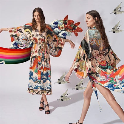 Women's Kimono-Style Beach Wrap with Artistic Pattern and Loose Fit Ivyshape