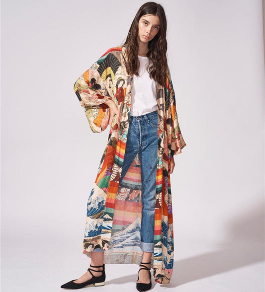 Women's Kimono-Style Beach Wrap with Artistic Pattern and Loose Fit Ivyshape