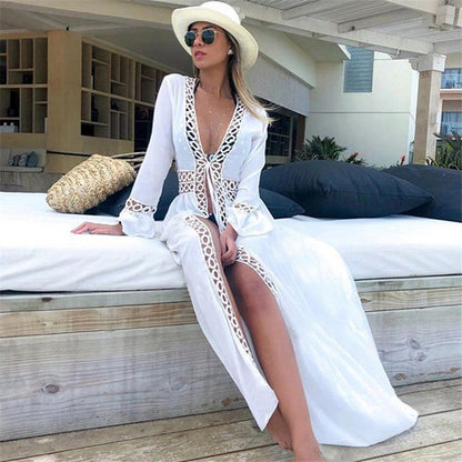 Women's transparent beach cover-up with elaborate crochet embellishments Ivyshape