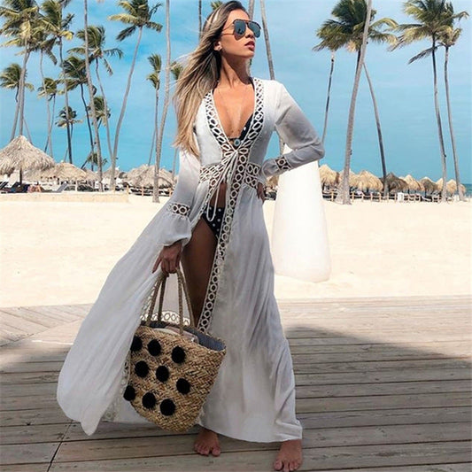 Women's transparent beach cover-up with elaborate crochet embellishments Ivyshape