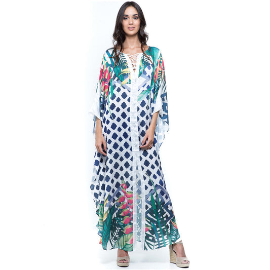 Ladies beach cover-up with tropical design and relaxed fit Ivyshape