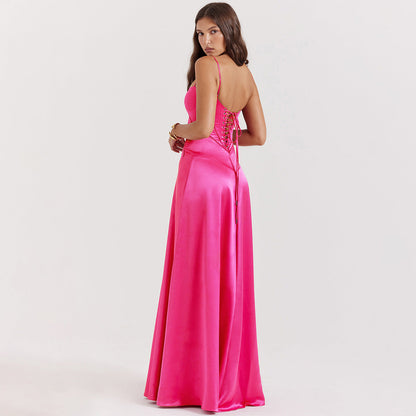 Selena - Maxi abito in raso con spalline sottili