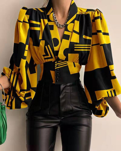 Nova - Blouse with geometric print and puff sleeves