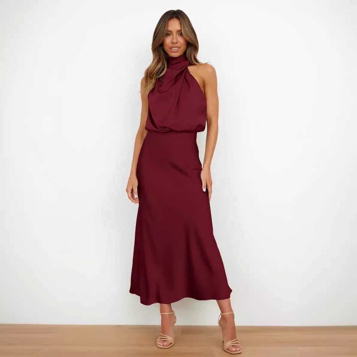 Sabrina - Satin midi dress with asymmetrical one-shoulder design