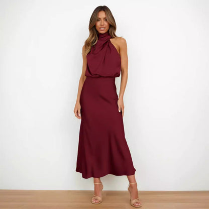 Sabrina - Satin midi dress with asymmetrical one-shoulder design