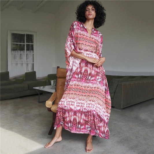 Ladies maxi dress with colorful ethnic pattern and flowing cut Ivyshape